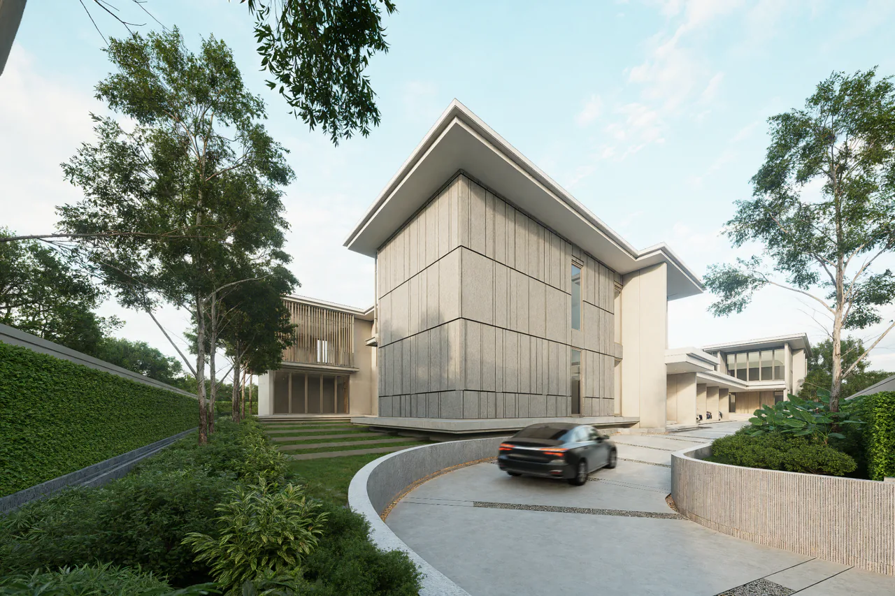 Garden arrival facade at BANG BUA THONG, daytime design visualisation.