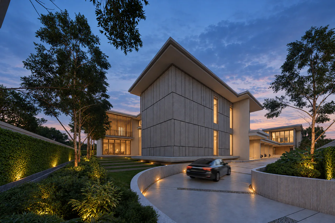 Garden arrival facade at BANG BUA THONG, evening design visualisation.