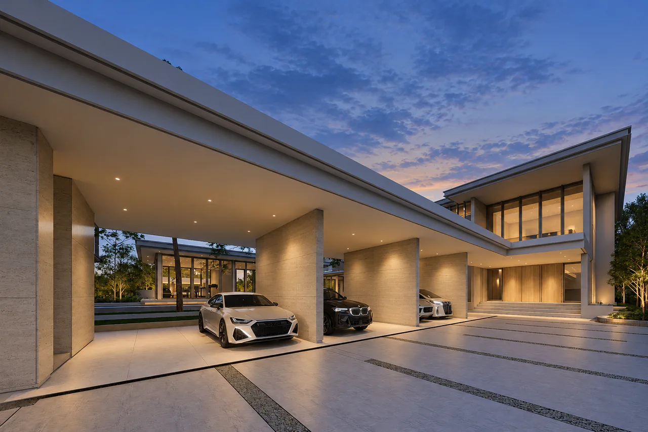 Shared parking court at BANG BUA THONG, evening design visualisation.