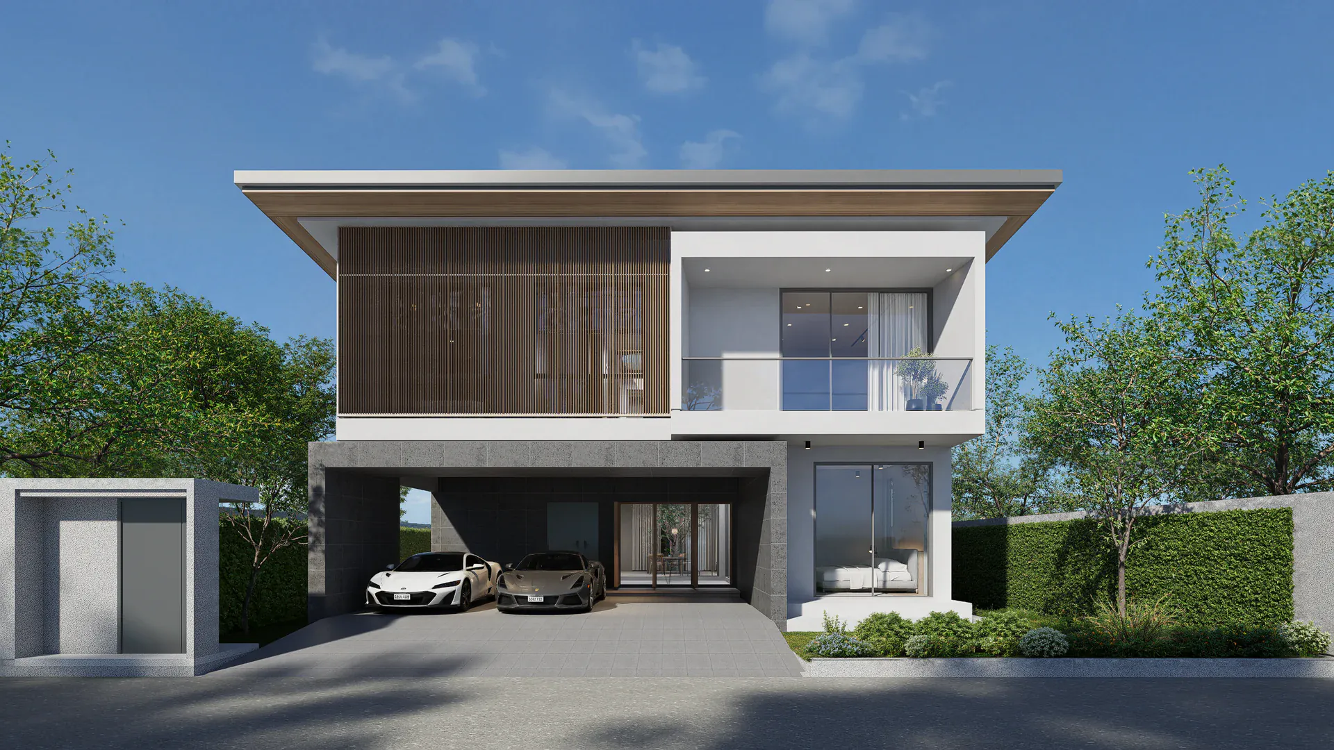 Street-facing view of the two-storey Prawet residence with sheltered parking, vertical timber screens, controlled glazing and planted boundaries.