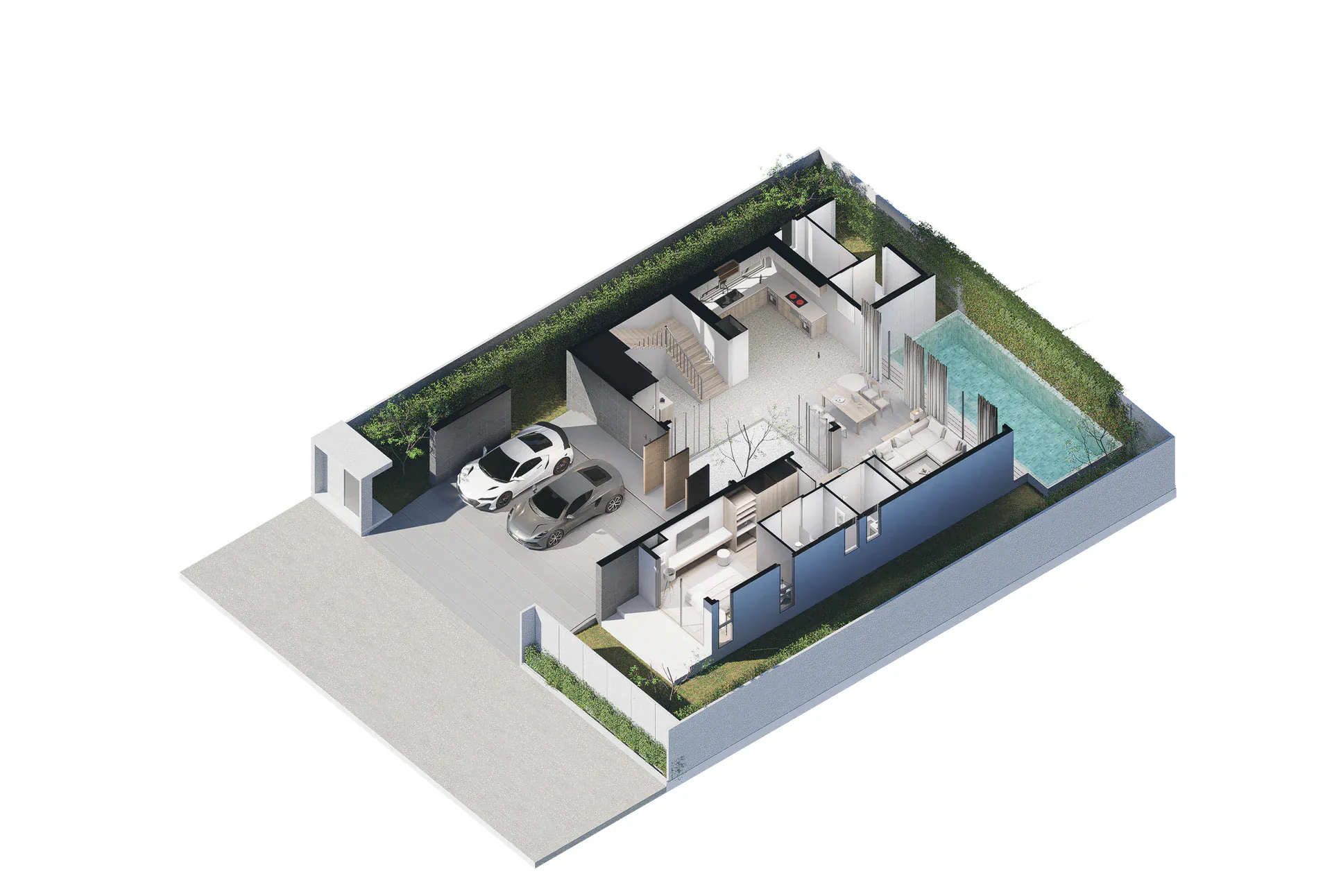Cutaway aerial view of the ground floor showing covered parking, shared living spaces, the central courtyard and the side swimming pool.