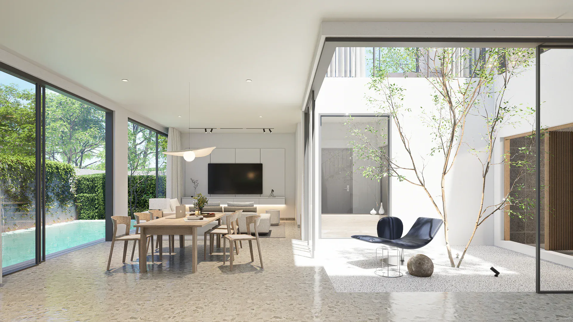 Living and dining areas arranged around an open-to-sky courtyard, with the swimming pool visible through full-height glazing.