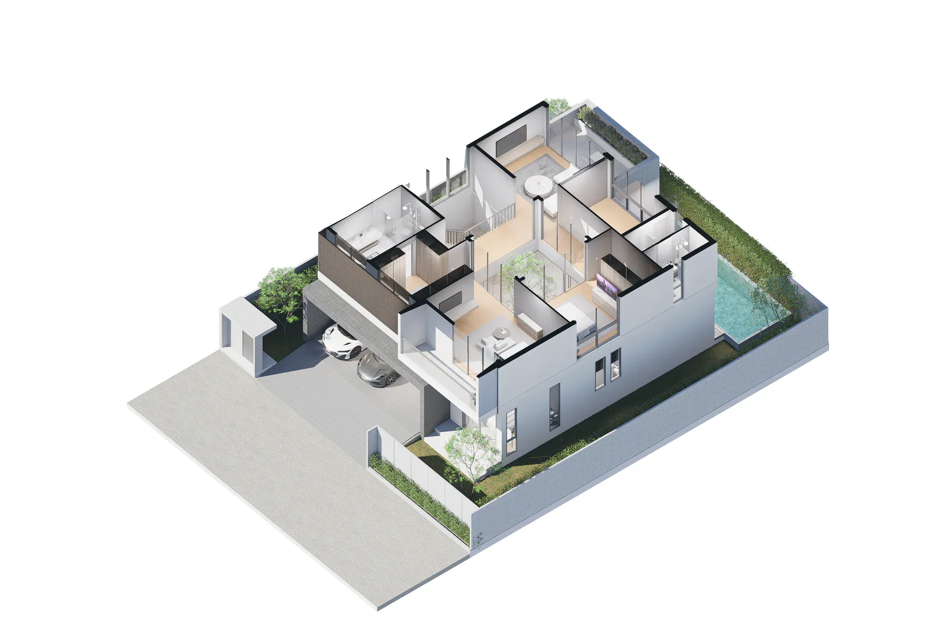 Cutaway aerial view of the upper floor showing bedrooms and circulation organised around the courtyard void.