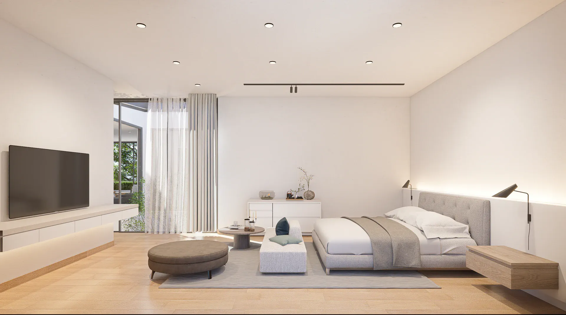 Bedroom with a restrained pale palette, integrated lighting and a screened opening towards the exterior.