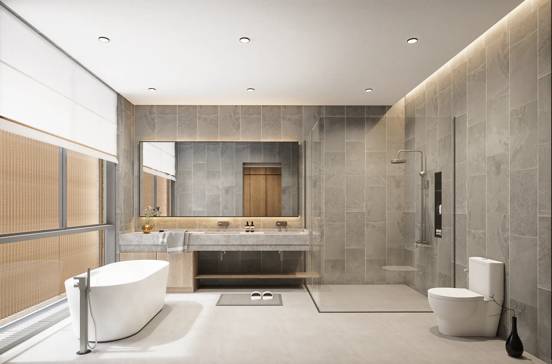 Bathroom with stone surfaces, a freestanding bath, double vanity, glazed shower and a long screened window.
