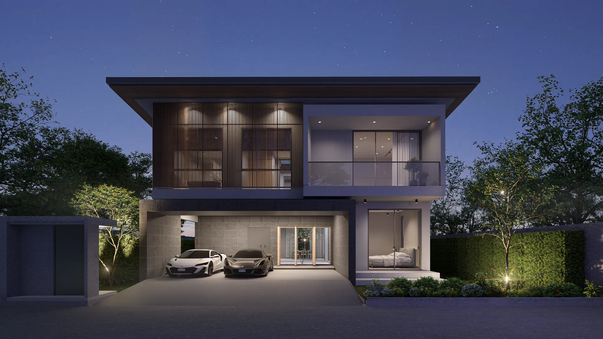 Night street view of the residence, with upper-floor screens filtering illuminated interiors from the public edge.