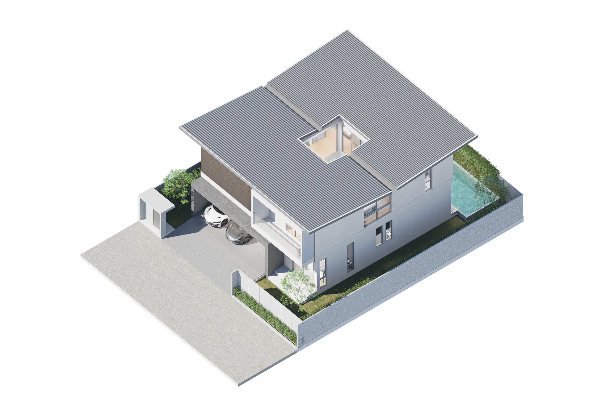 Aerial roof view showing the courtyard skylight, side pool, boundary landscape and overall building footprint.