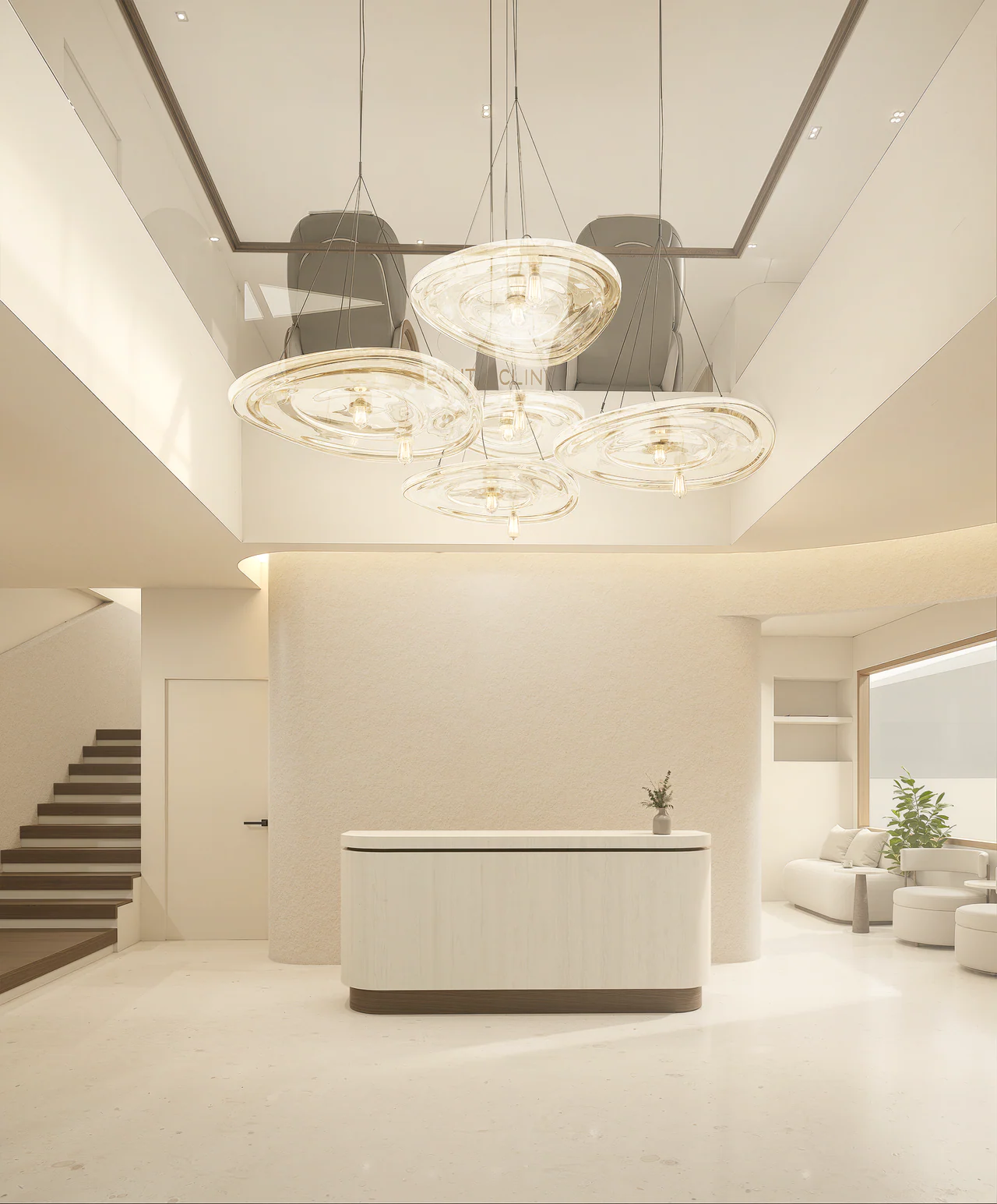 Design visualisation of the reception counter beneath suspended lights and the upper-level opening.
