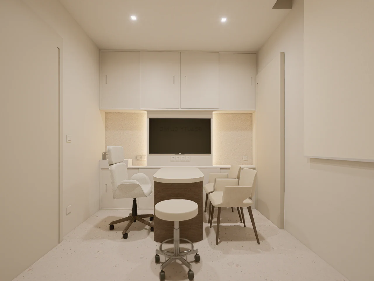 Design visualisation of a consultation room with a desk, visitor chairs and fitted cabinets.