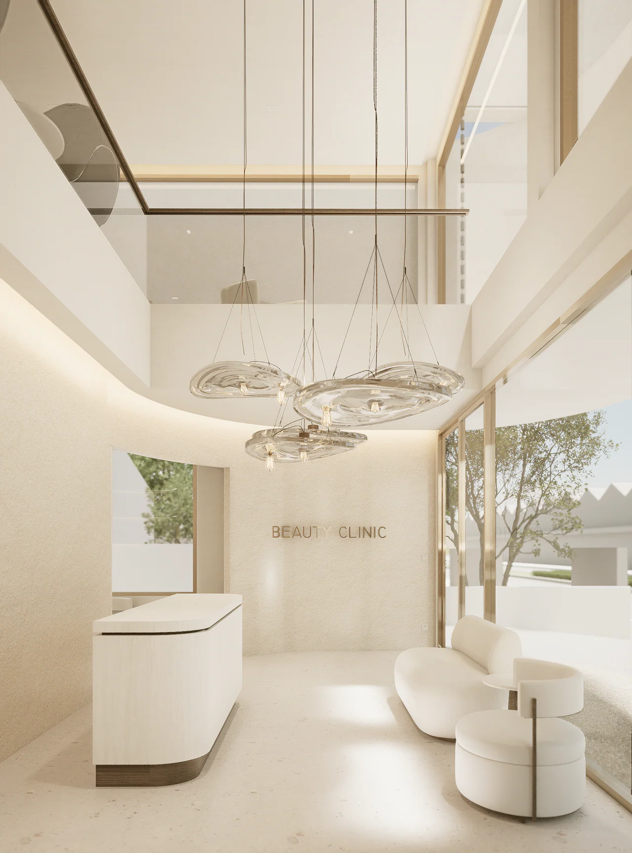 Design visualisation of the reception counter and curved waiting seats beside the glazed street frontage.