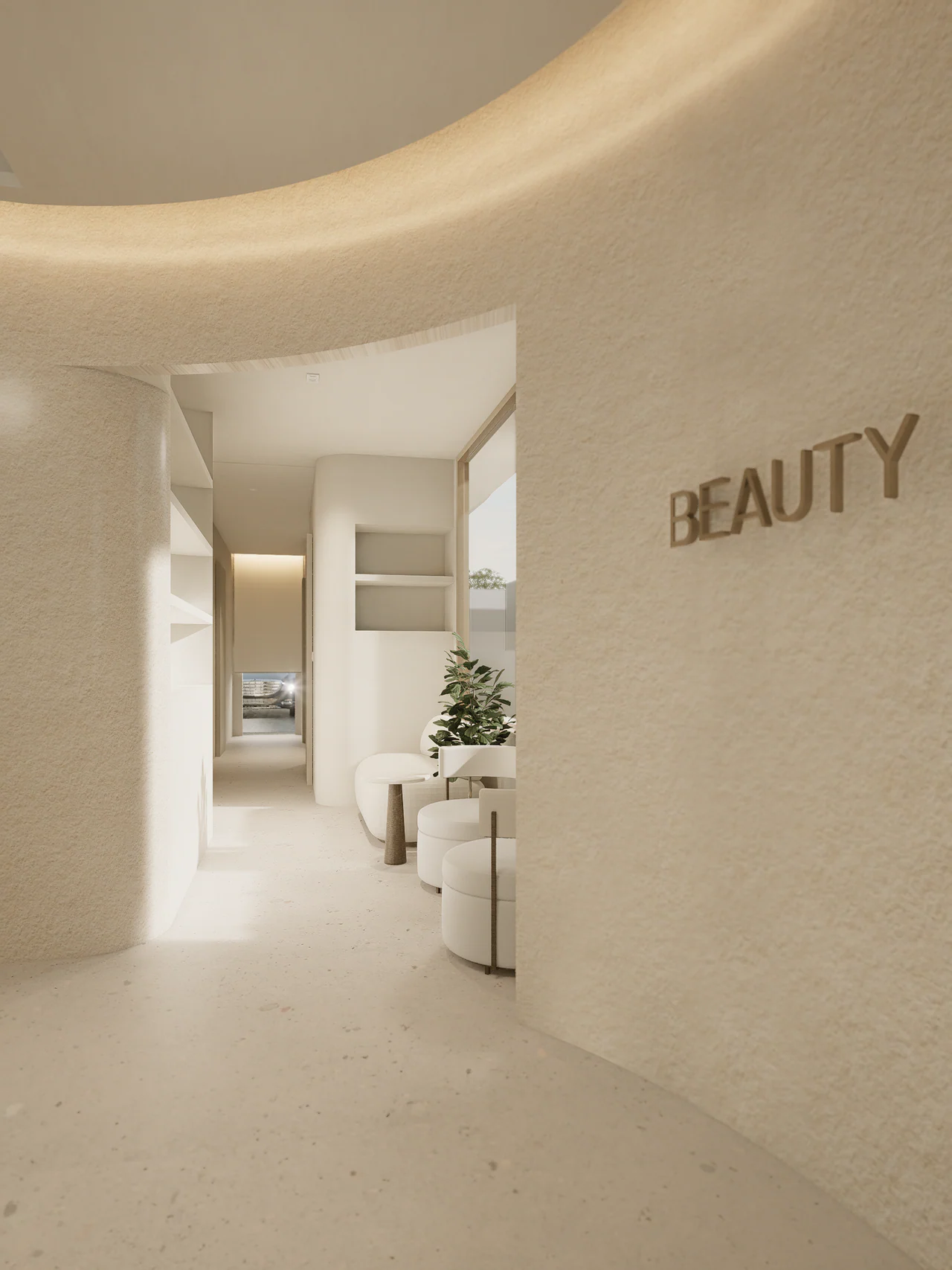 Design visualisation of the curved lobby wall and passage beside the waiting seats.