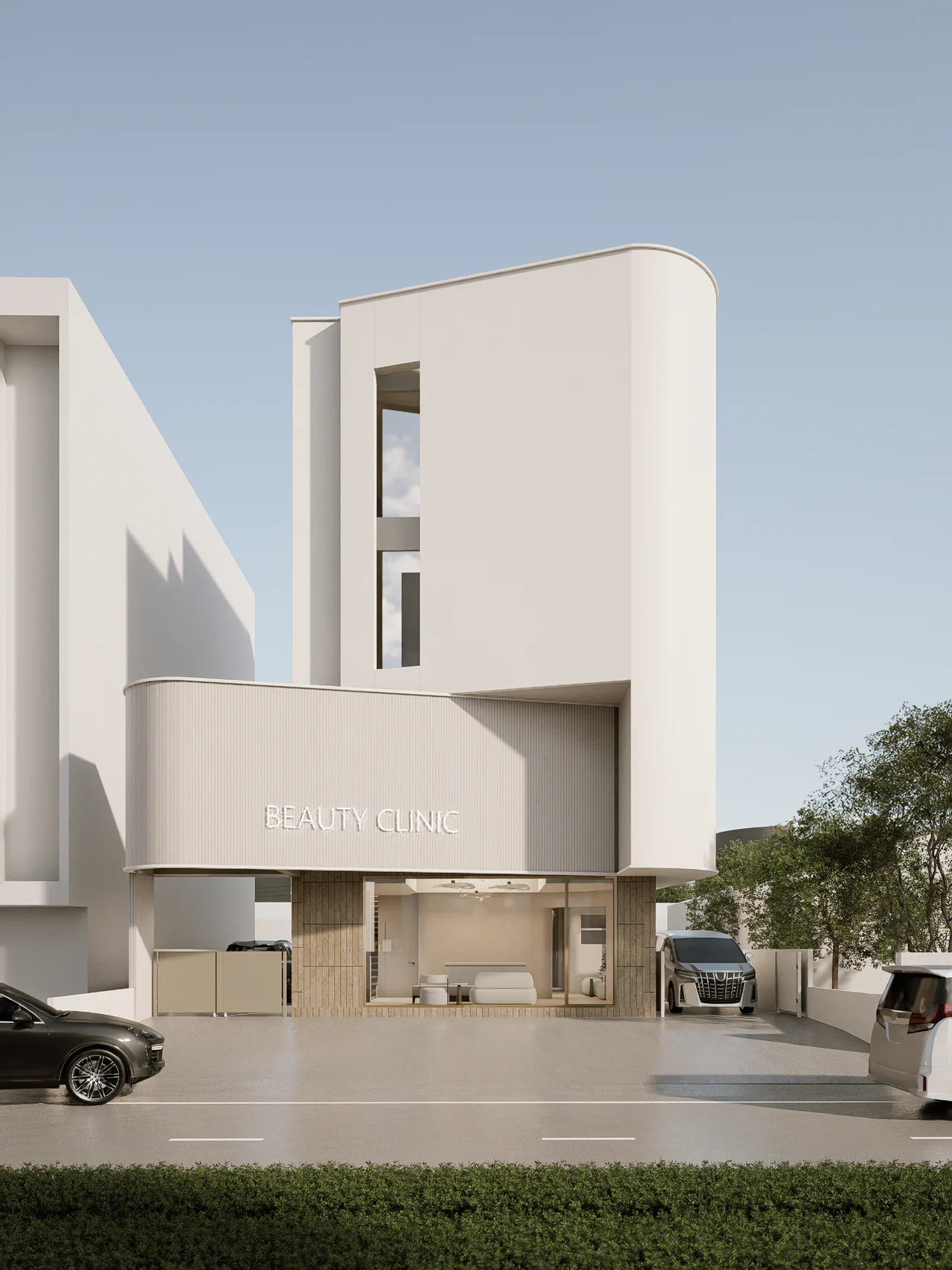 Design visualisation of the SUKHUMVIT 105 street facade, with a curved frontage above the glazed entrance.