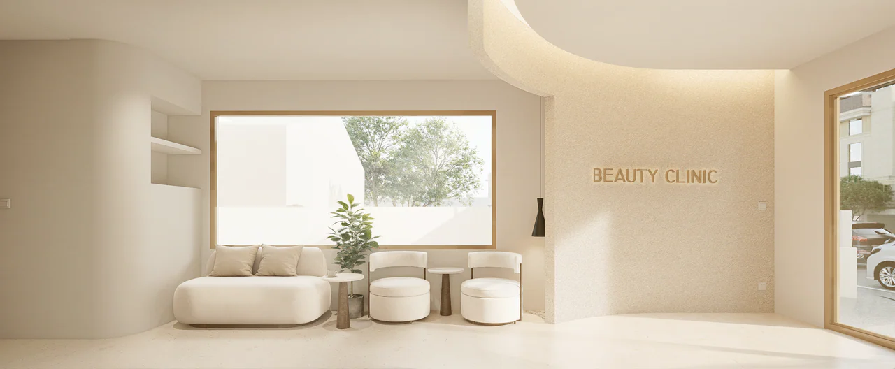 Design visualisation of curved waiting seats beside the large lobby window at SUKHUMVIT 105.