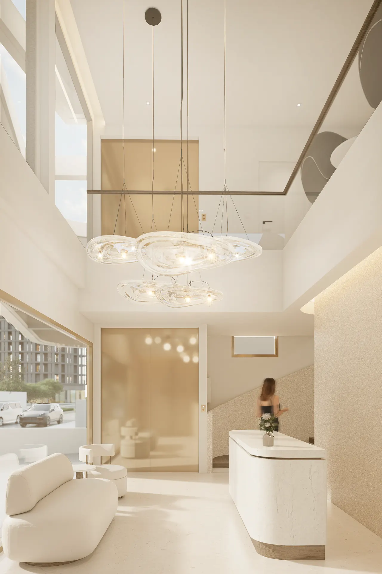 Interior design visualisation of the double-height lobby, reception counter, seating and upper-level opening.