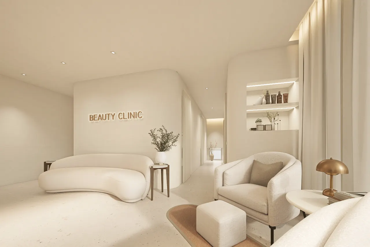 Interior design visualisation of curved seating and visitor chairs in the upper waiting lounge.