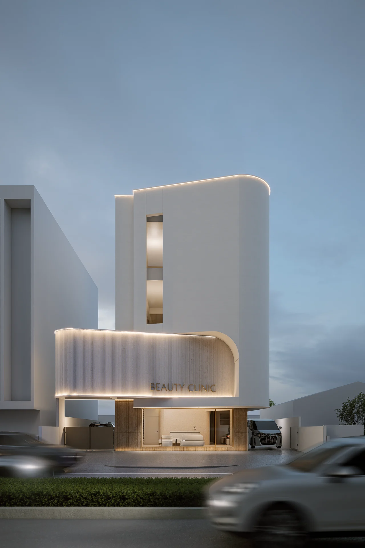 Frontal dusk design visualisation of SUKHUMVIT 105, showing the curved frontage above ground-floor glazing.