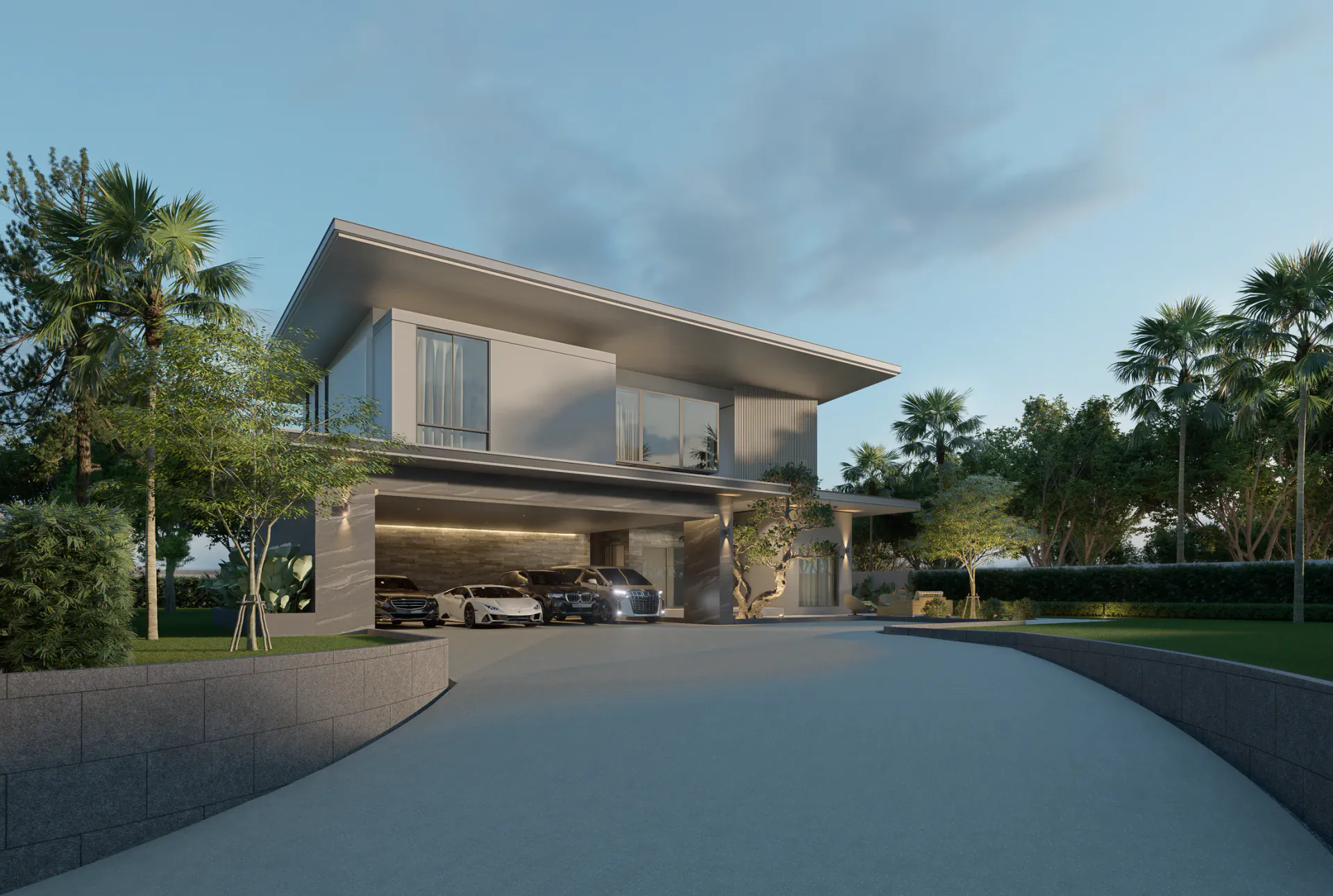 Wide arrival view of the two-storey Tha Yang residence, driveway, covered parking and surrounding trees.
