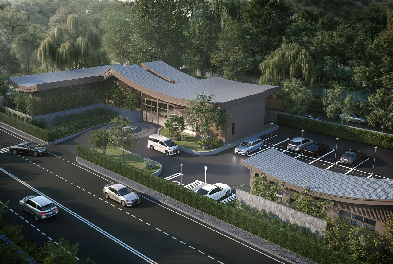 Design visualisation showing BANG CHAK’s L-shaped building, circular arrival area, curved roofs and surrounding planting.