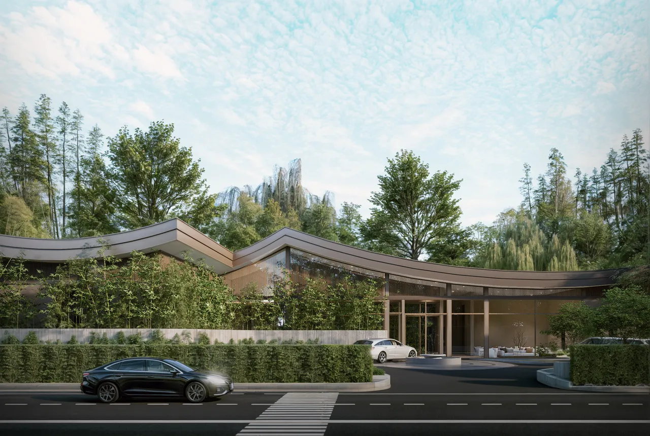 Front design visualisation showing curved roof lines, screens, glazing and planting along the street.