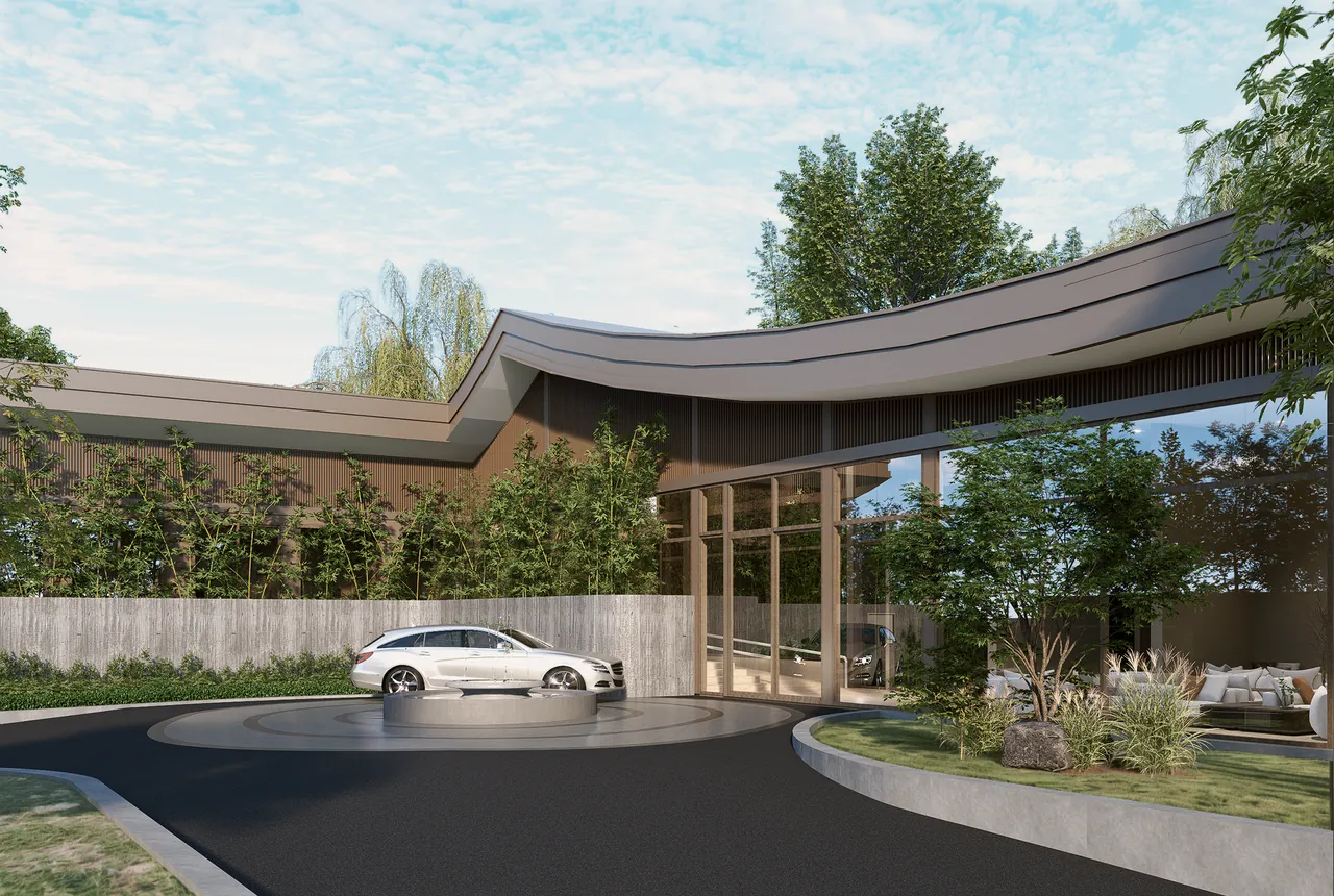 Design visualisation showing a car at the drop-off beneath curved roofs beside planting.