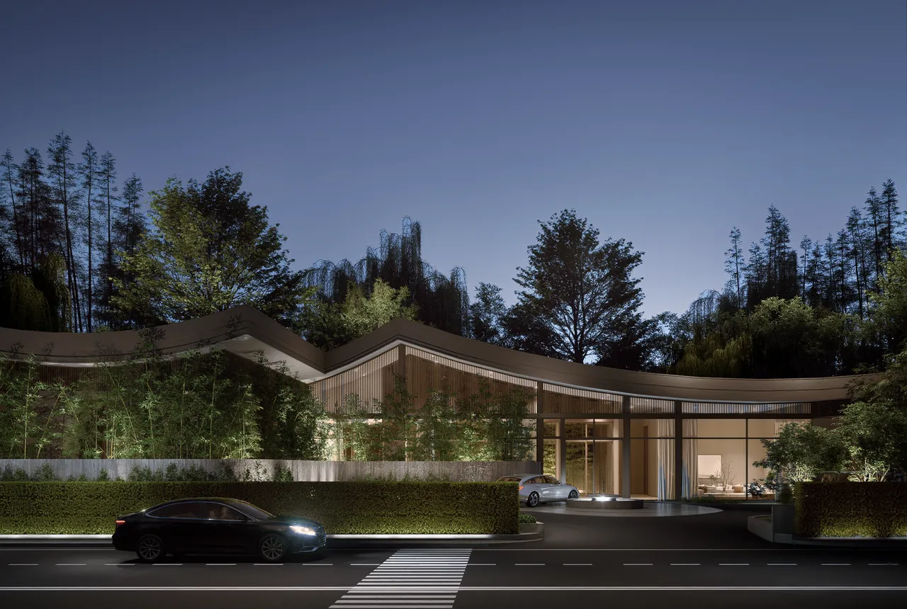 Evening exterior design visualisation showing the roof profile, illuminated glazing, car and planting.
