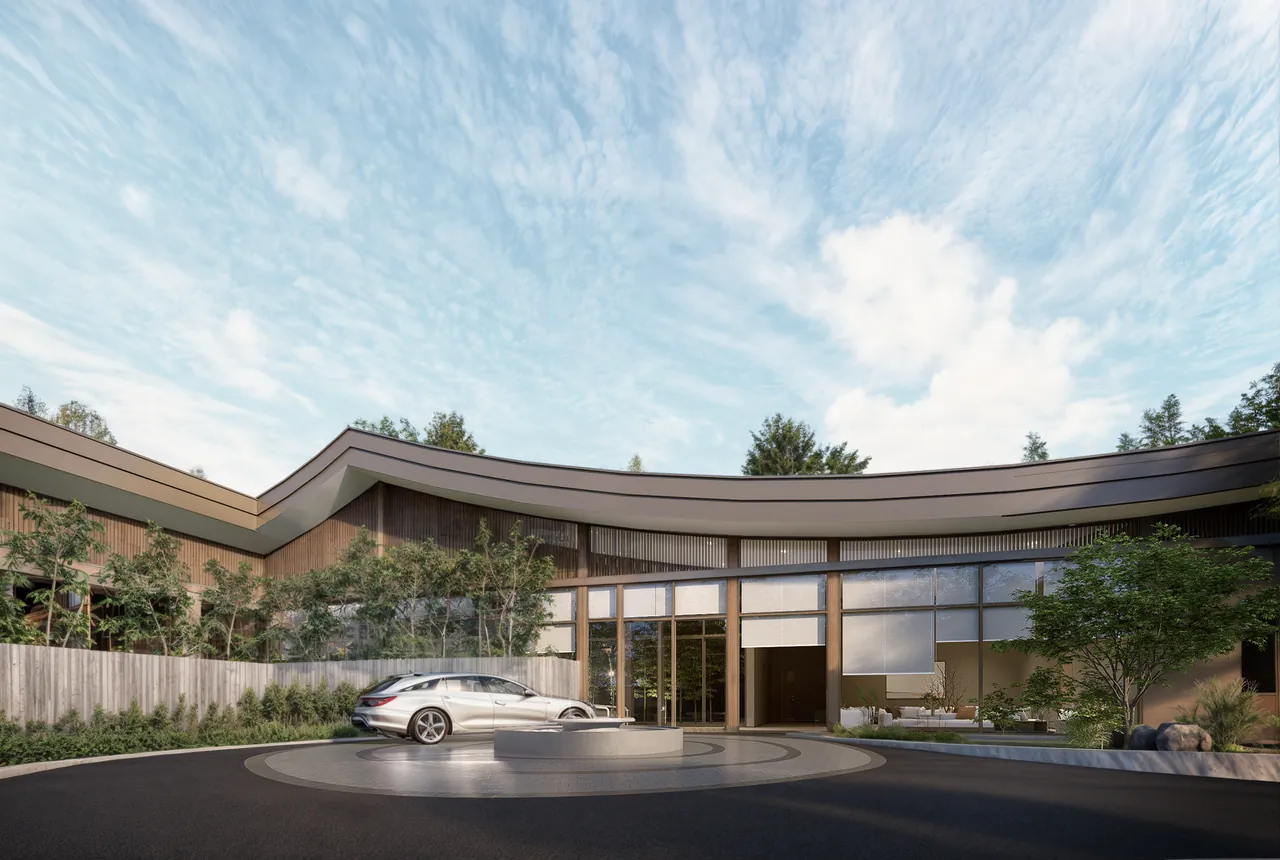 Design visualisation showing the central arrival area between two building wings and curved roof edges.
