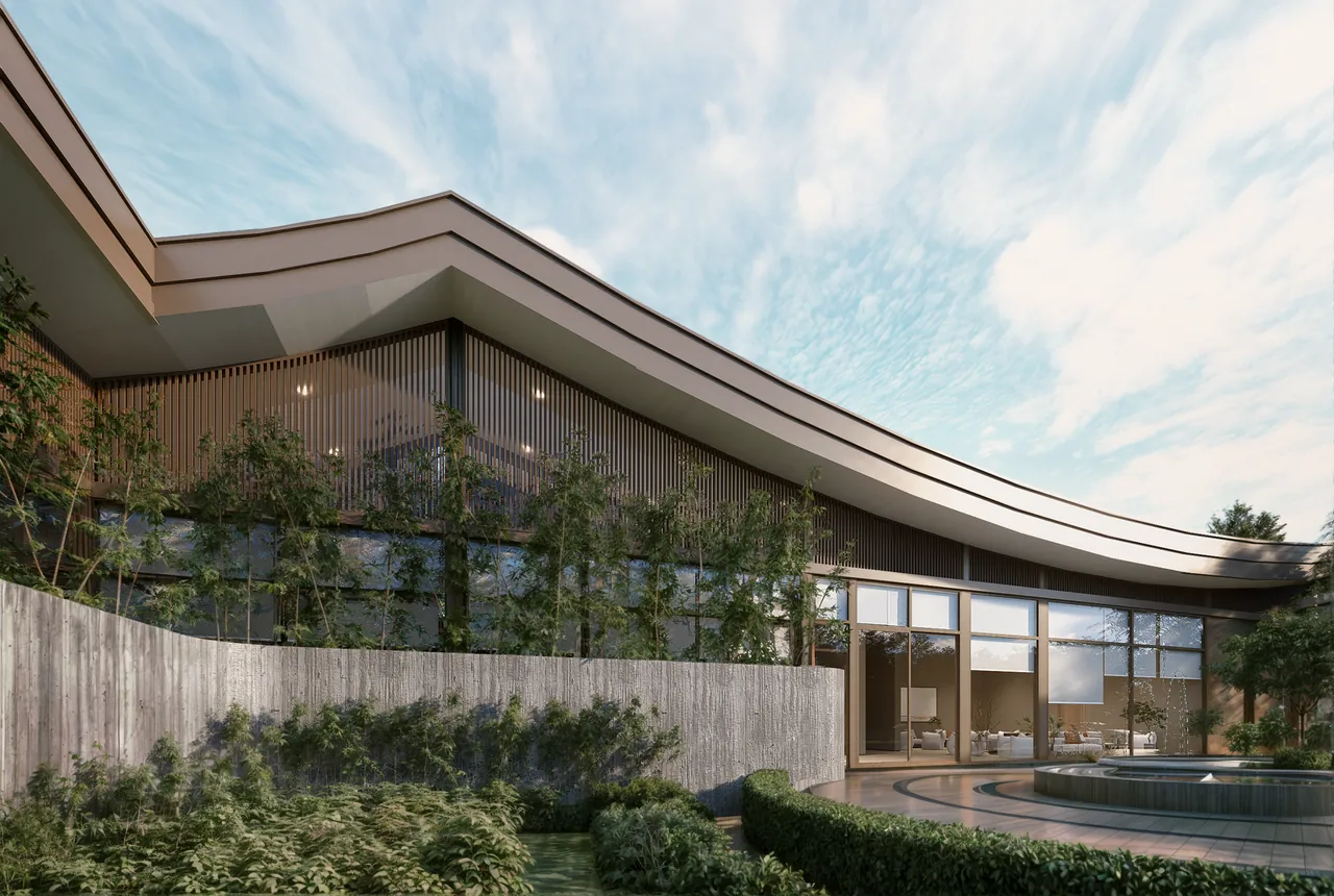 Exterior design visualisation showing a curved roof, facade screens, glazing, planting and the water edge.
