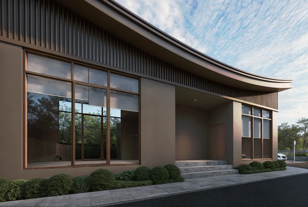 Exterior design visualisation showing the curved roof edge above timber-toned screens and full-height glazing.