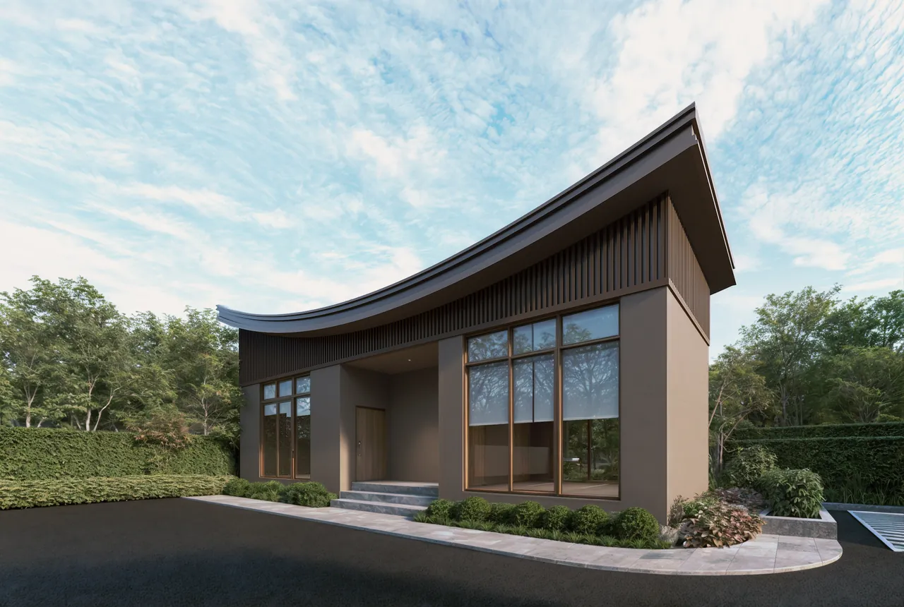 Exterior design visualisation showing a rising roof profile, glazed facade, planting and a curved path.