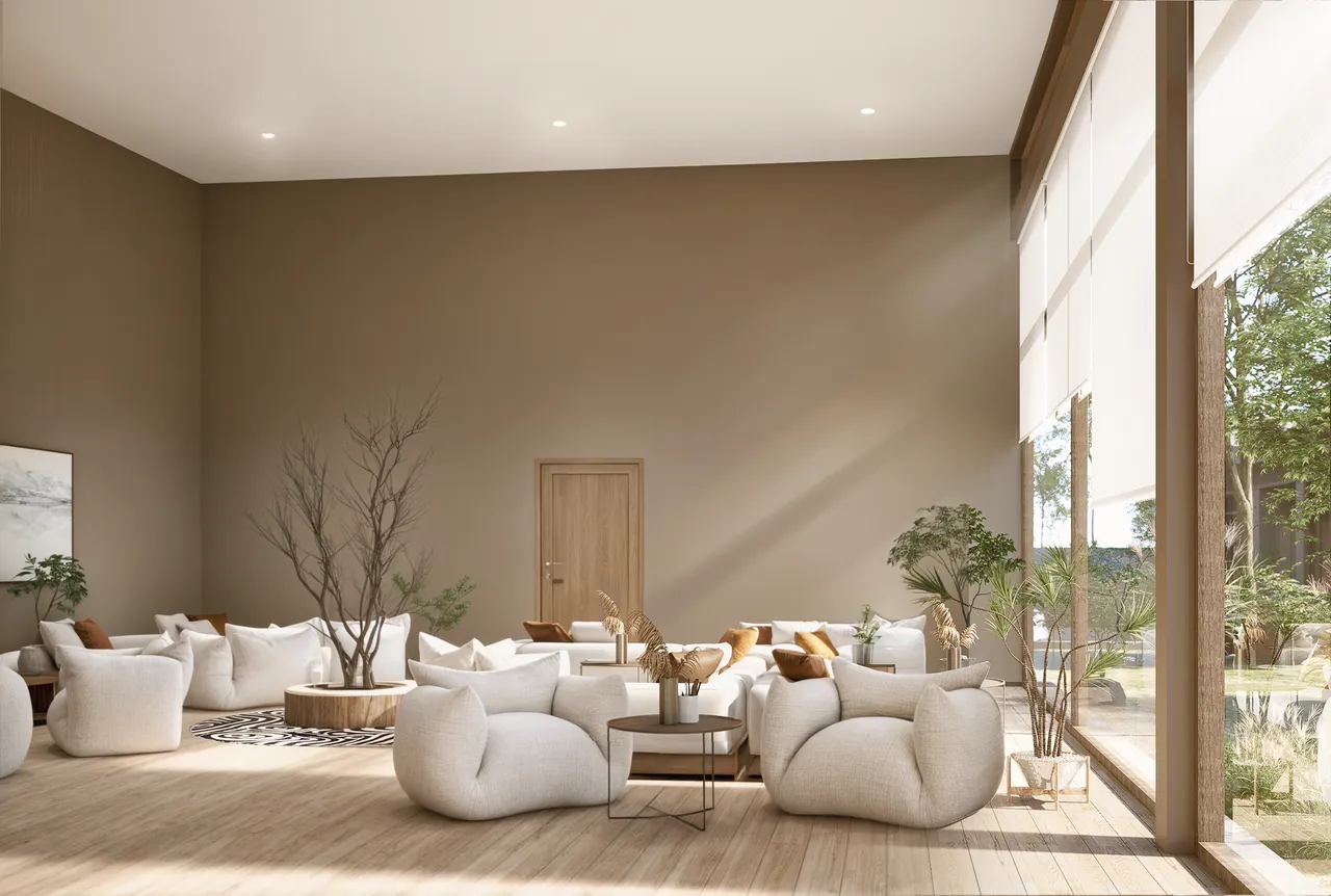 Interior design visualisation showing seating, side tables, full-height glazing and planting outside.