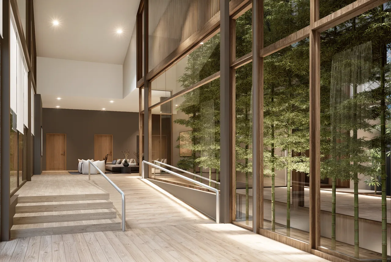 Interior circulation design visualisation showing steps, a ramp, a handrail and garden beside full-height glazing.