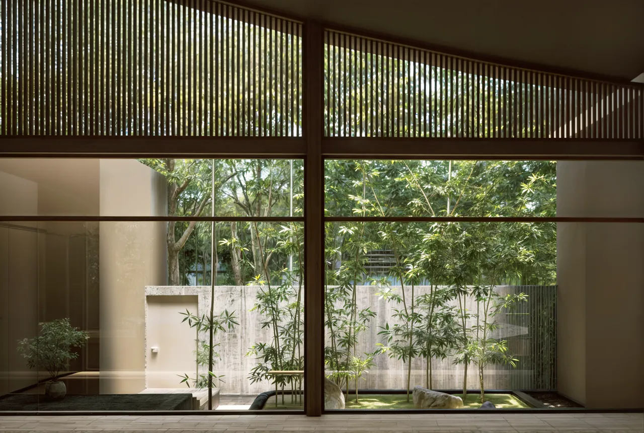 Interior design visualisation showing timber screening, glazing and bamboo between inside and outside.