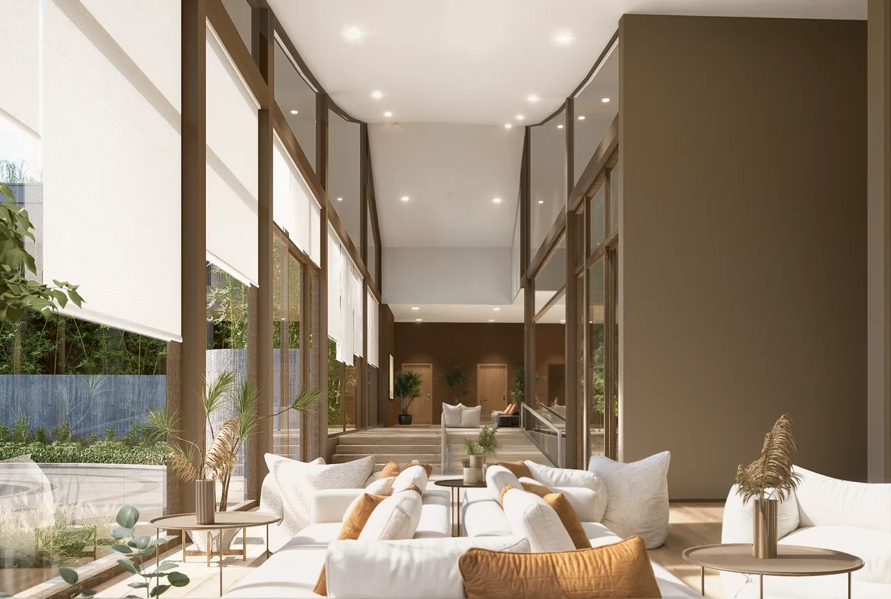 Interior design visualisation showing sofas, tables, full-height glazing and layered planting outside.