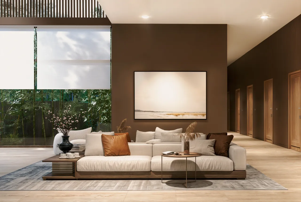 Interior design visualisation showing a sofa, tables, wall art, glazing and timber screening.