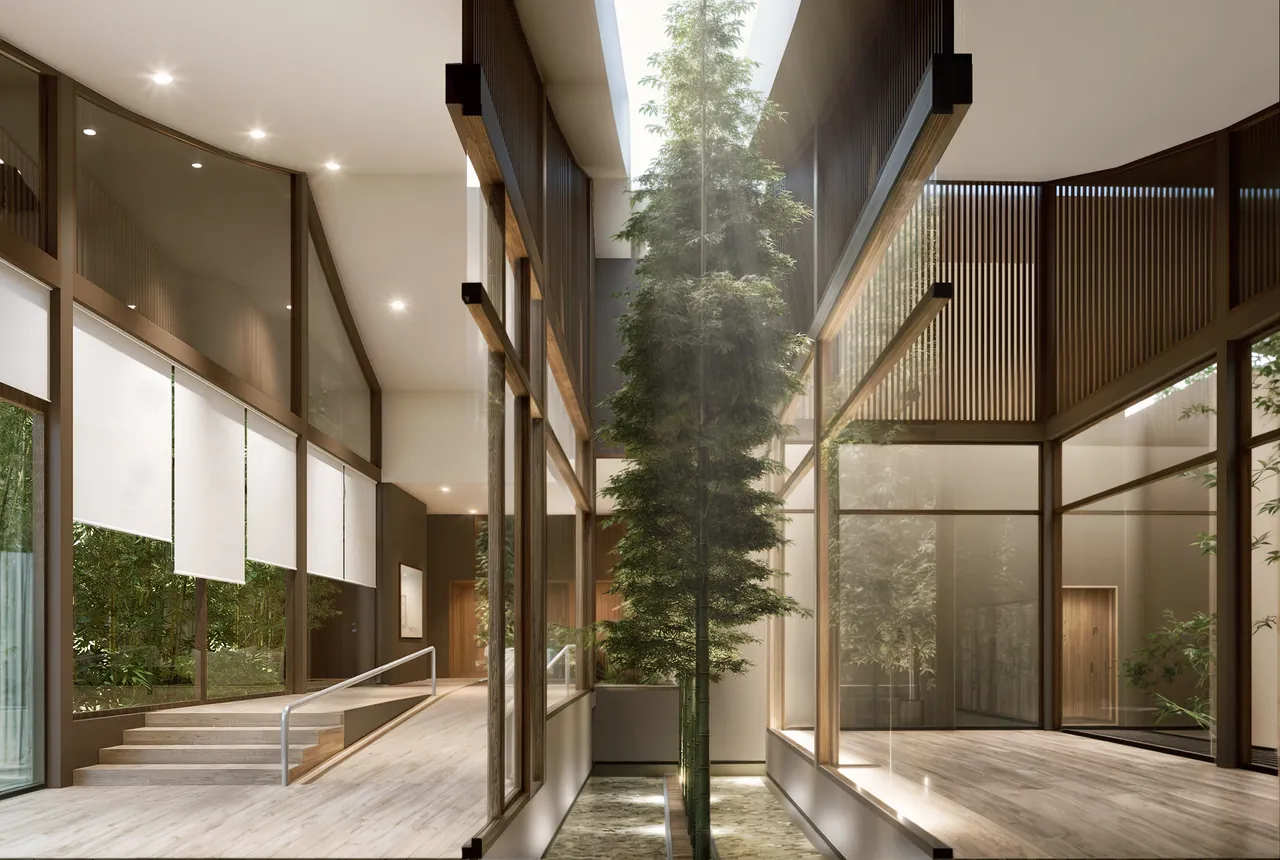 Interior design visualisation showing a circulation ramp, steps and a planted court beneath a roof opening.