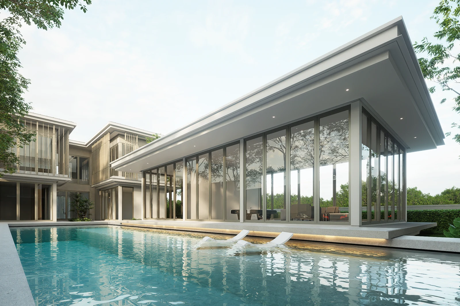 Low clubhouse roof and pool framed by adjacent residences at BANG BUA THONG.