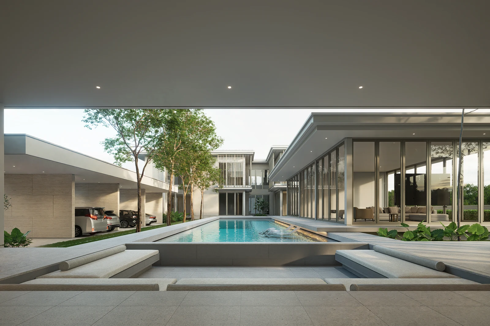 View from a covered threshold and steps towards the pool, parking and clubhouse at BANG BUA THONG.