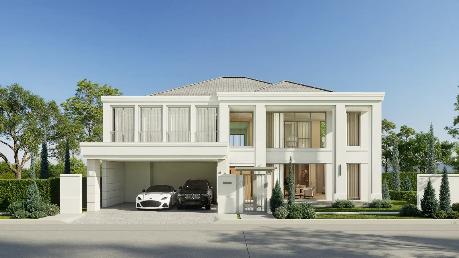 Front elevation with a wide carport to the left and tall framed glazing to the right.