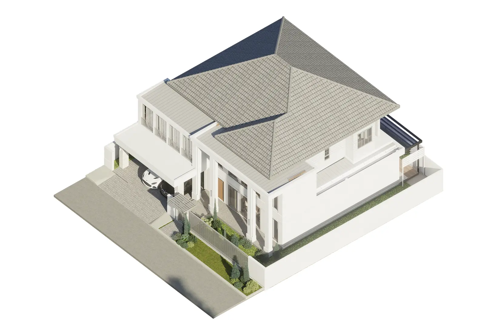 Elevated exterior visualisation showing the hipped roof, front carport and side elevation.