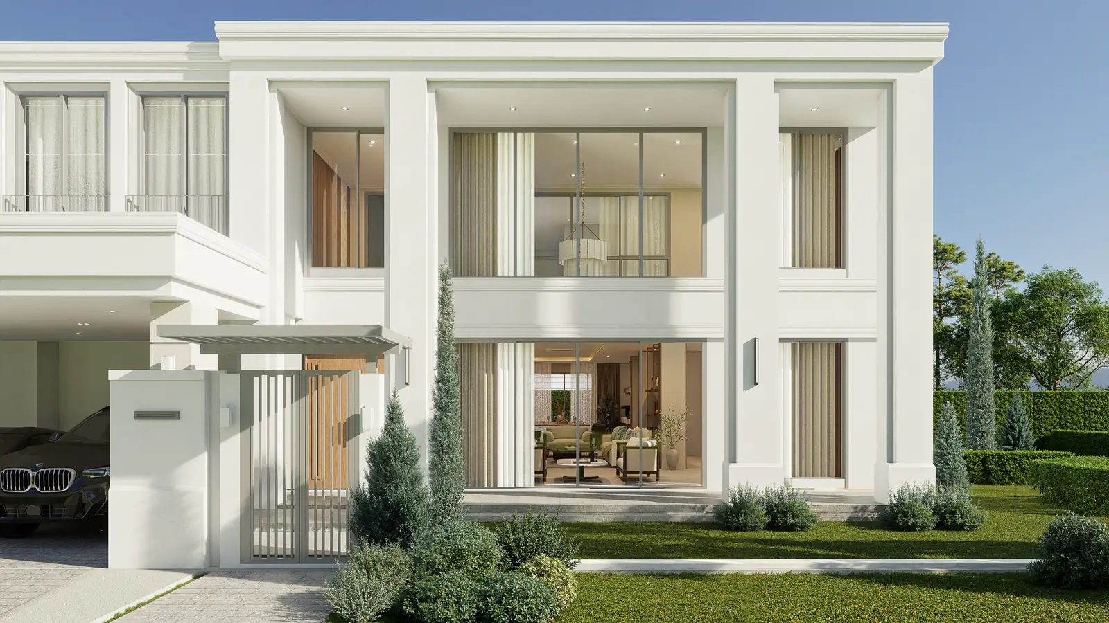 Close exterior visualisation of the tall front glazing, pale framing and planted foreground.