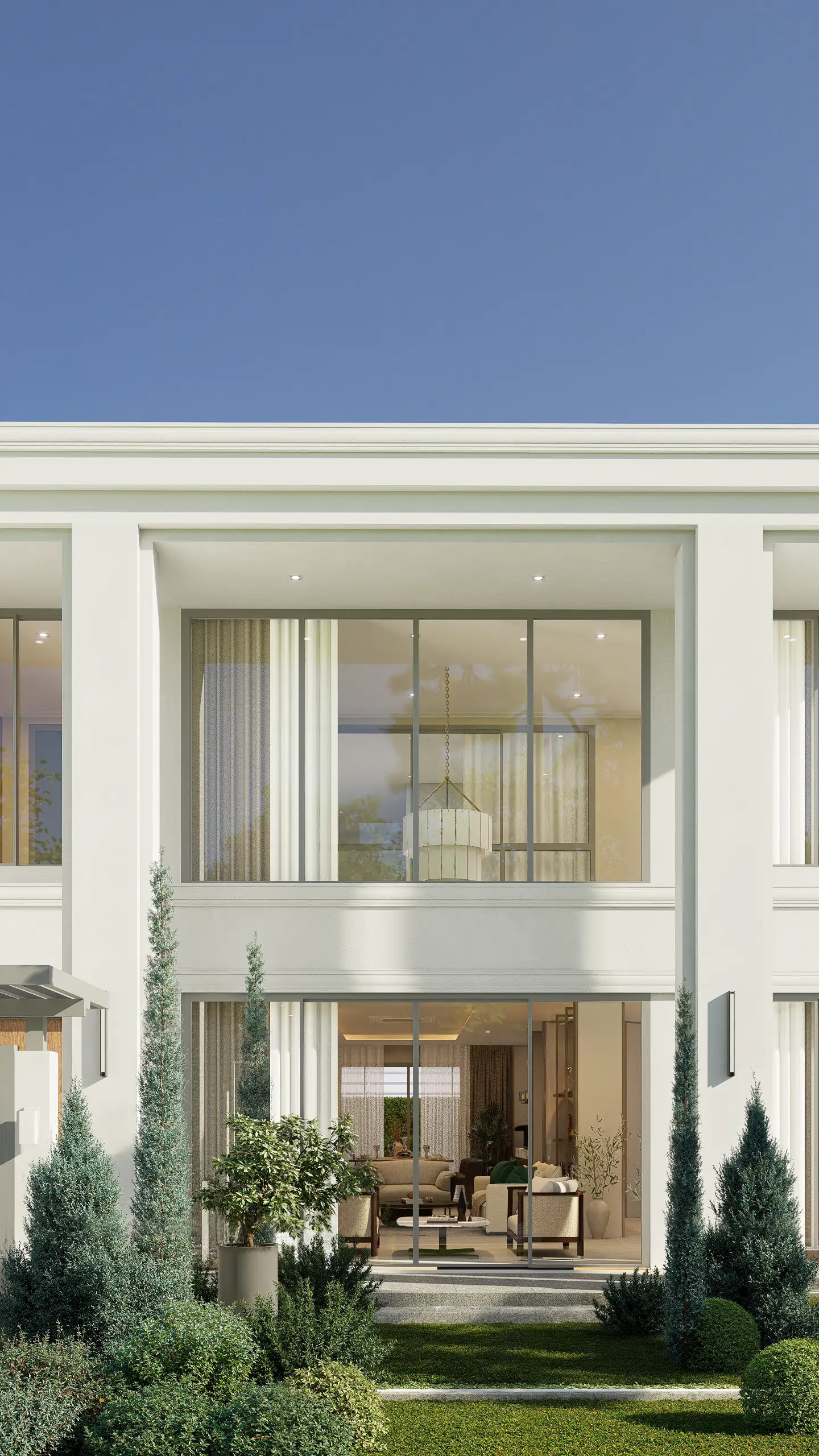 Portrait exterior visualisation of a two-storey window frame, curtains and a chandelier inside.