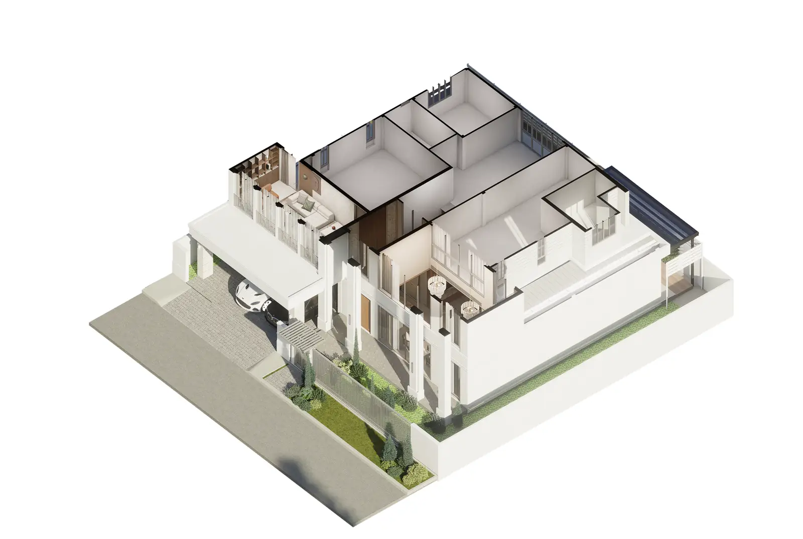 Upper-floor cutaway visualisation showing enclosed rooms and the void above the front hall.