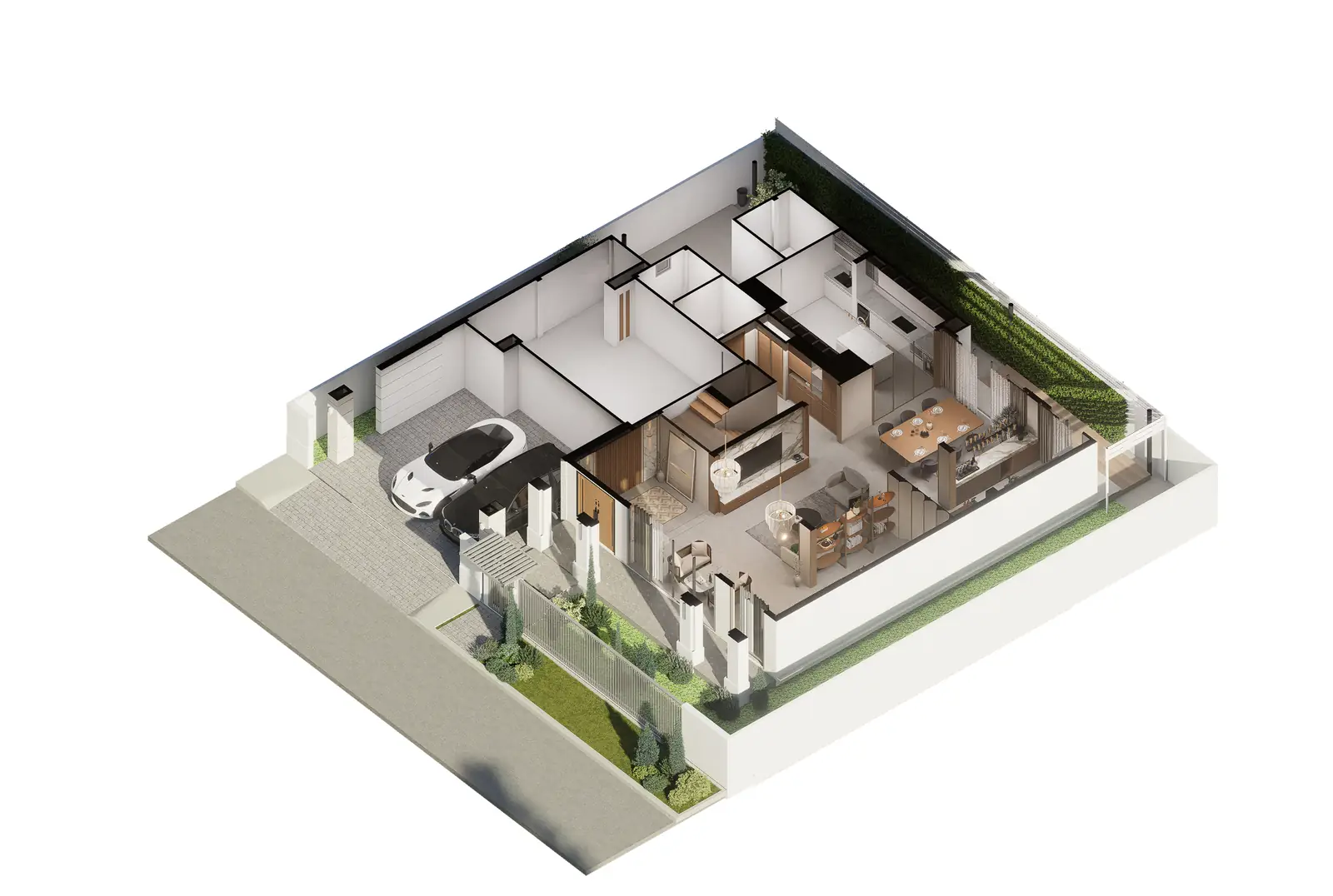 Ground-floor cutaway visualisation showing carport, front hall, sitting areas and dining space.