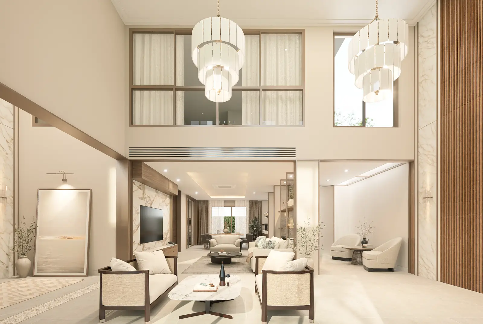 Wide interior visualisation of the double-height hall, tiered chandeliers and tall timber-toned wall.