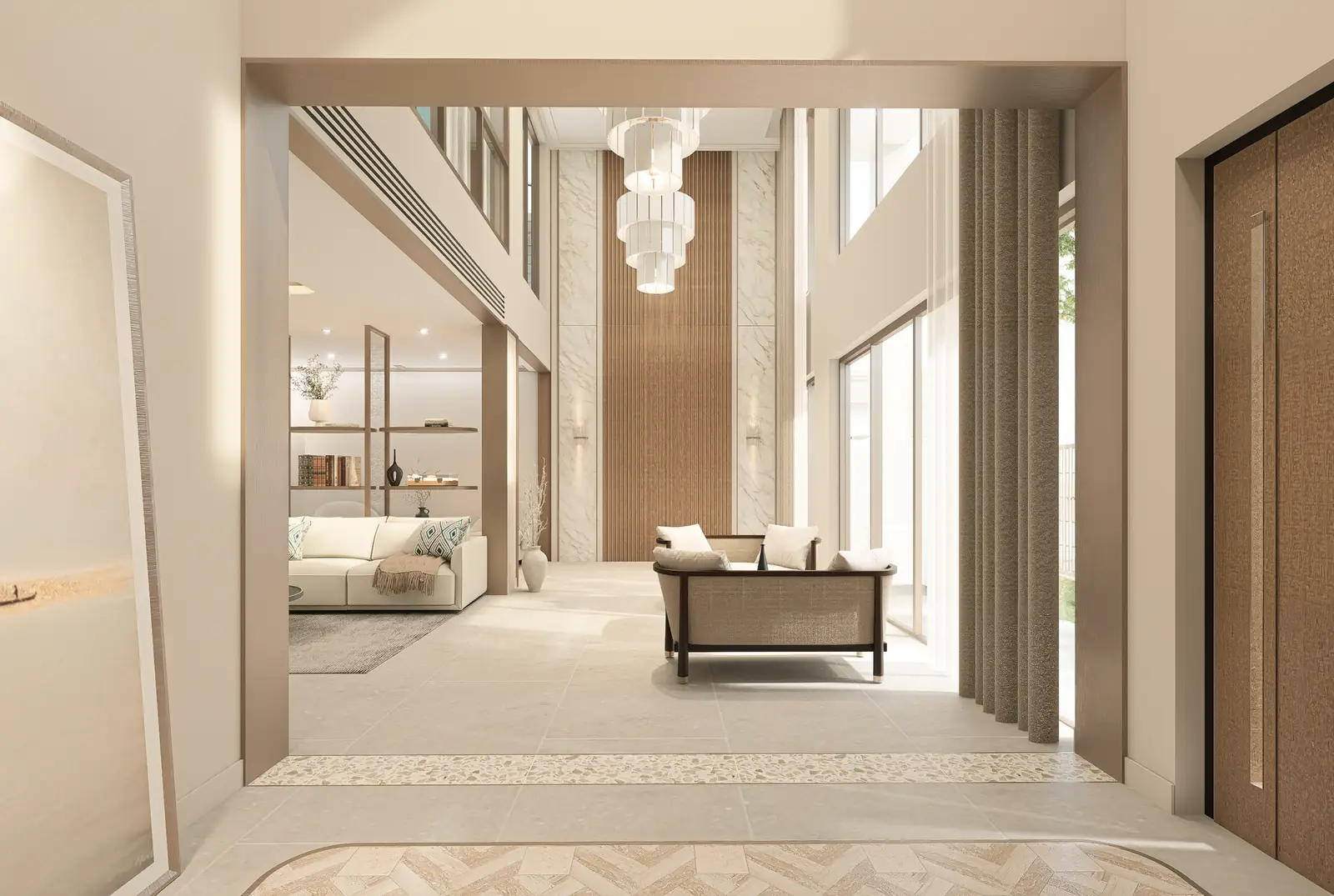 Entry perspective with patterned timber-toned flooring and a framed view into the tall hall.