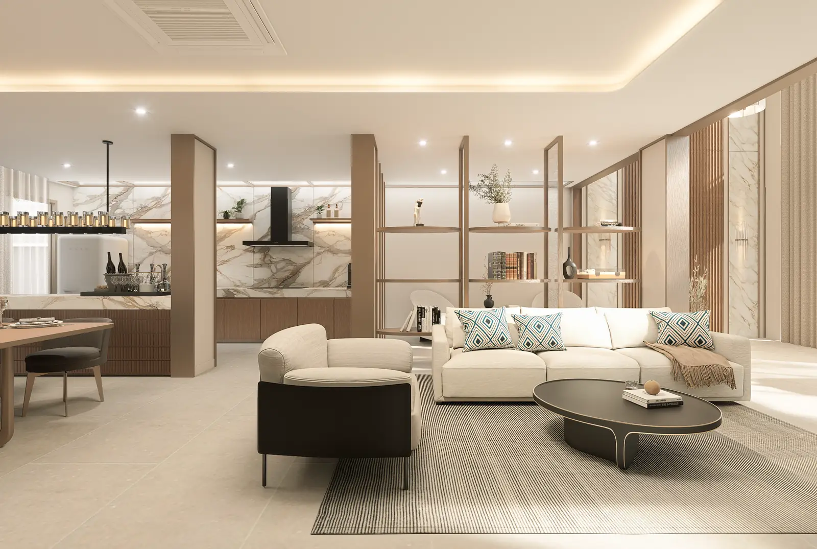 Sitting area with a pale sofa, blue patterned cushions, a dark low table and open shelving.