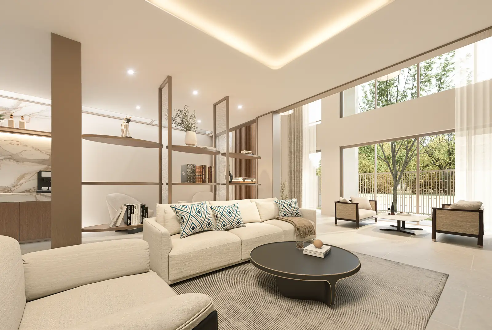 View past a sofa and open shelving toward the taller front hall and glazed facade.