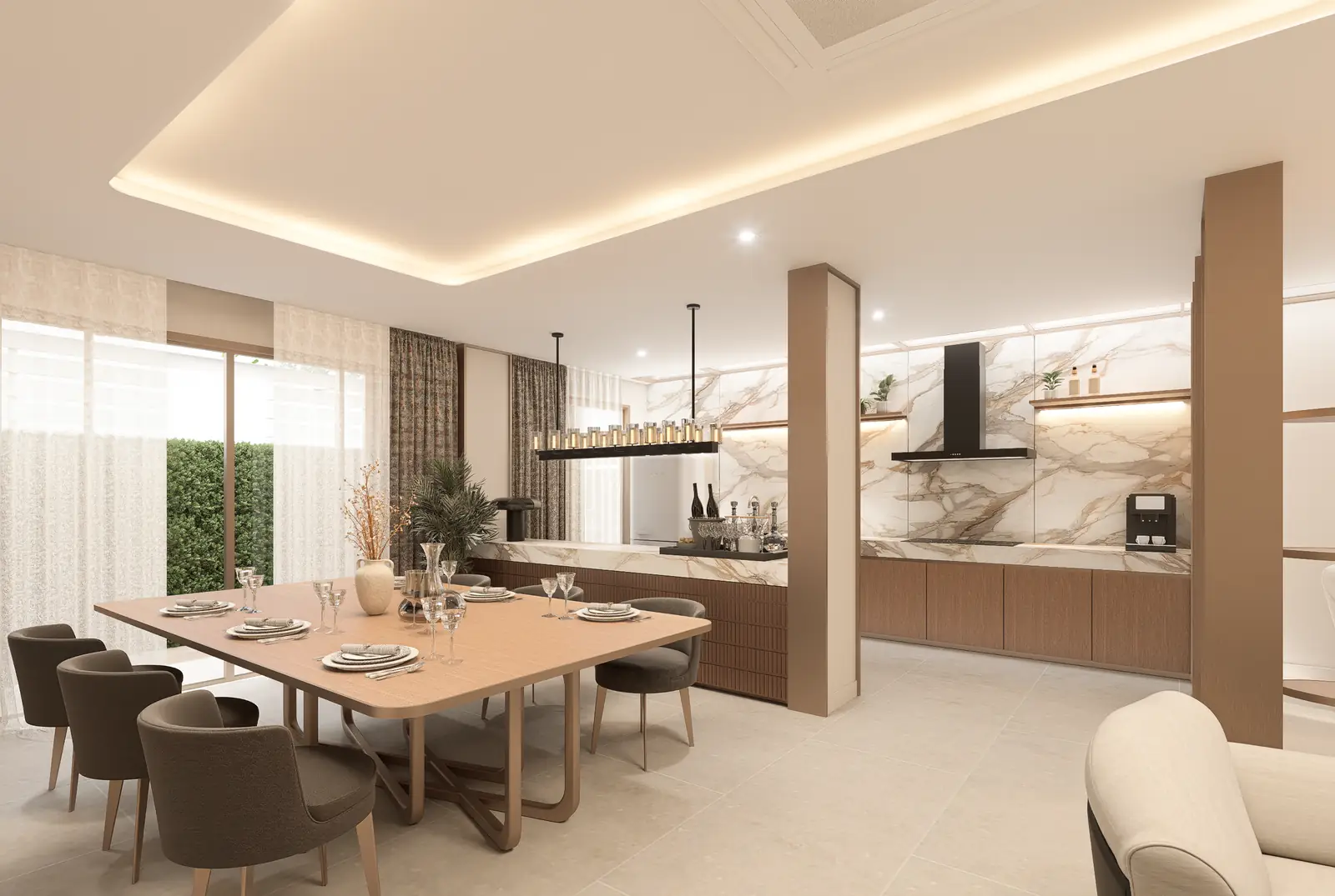 Dining visualisation with a long timber-toned table, a linear pendant and a veined kitchen backdrop.