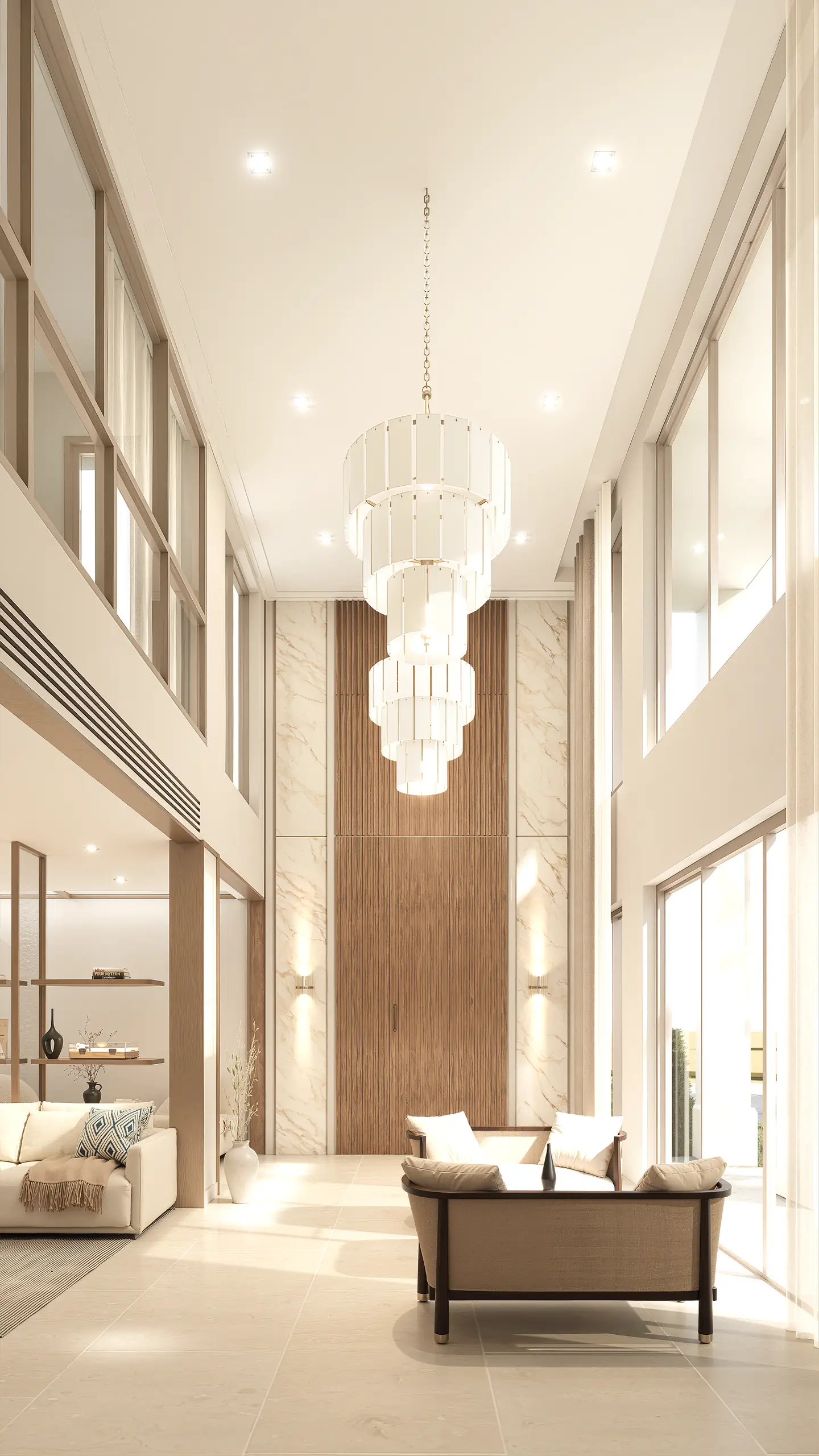 Portrait view of the tall hall showing upper glazing, suspended lights and seating below.