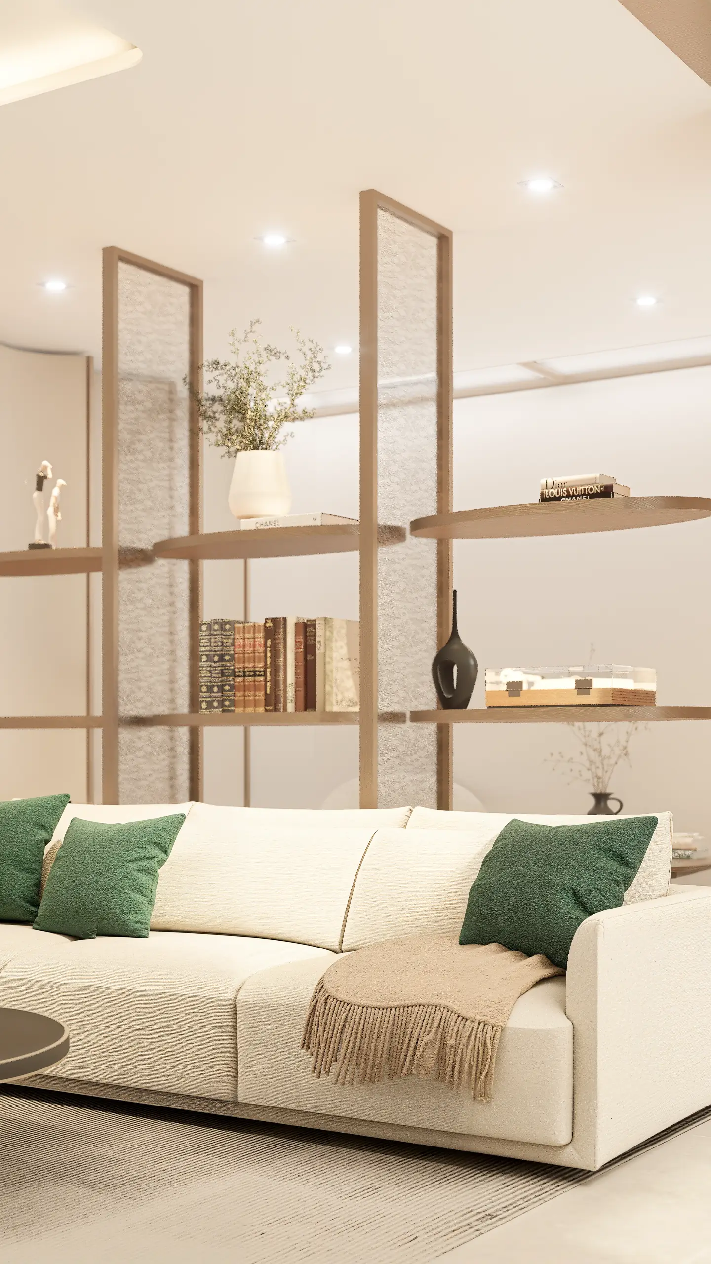 Close portrait visualisation of a sofa with green cushions and open shelving behind it.